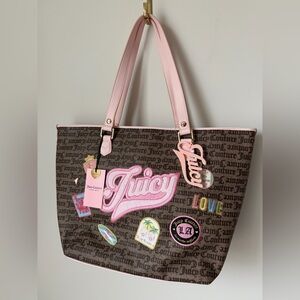 Viral Juicy Couture Pink and Brown with patches and charm Tote Bag